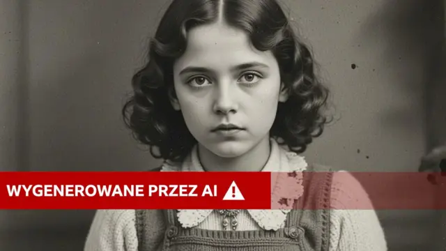 Wygenerowany przez sztuczną inteligencję czarno-biały obraz młodej dziewczyny z włosami do ramion, ubranej w sweter z kołnierzykiem i fartuch. Patrzy prosto w kamerę.