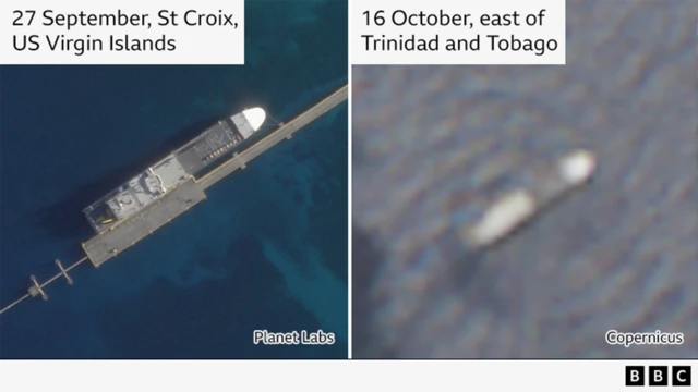 Two satellite images side by side. The one on the left shows a ship docked in the US Virgin Islands, the one on the right appears to show the same ship outline off Trinidad and Tobago.