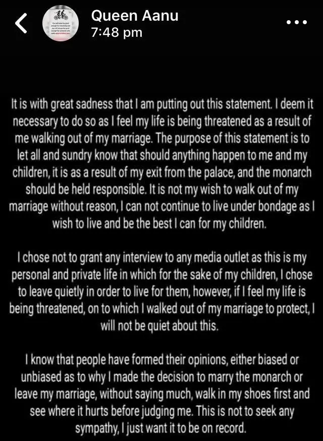 Alaafin Oyo: Olorì Anu ni ẹ̀mí òun wà nínú ewu tori òun kó kúrò ní ààfin