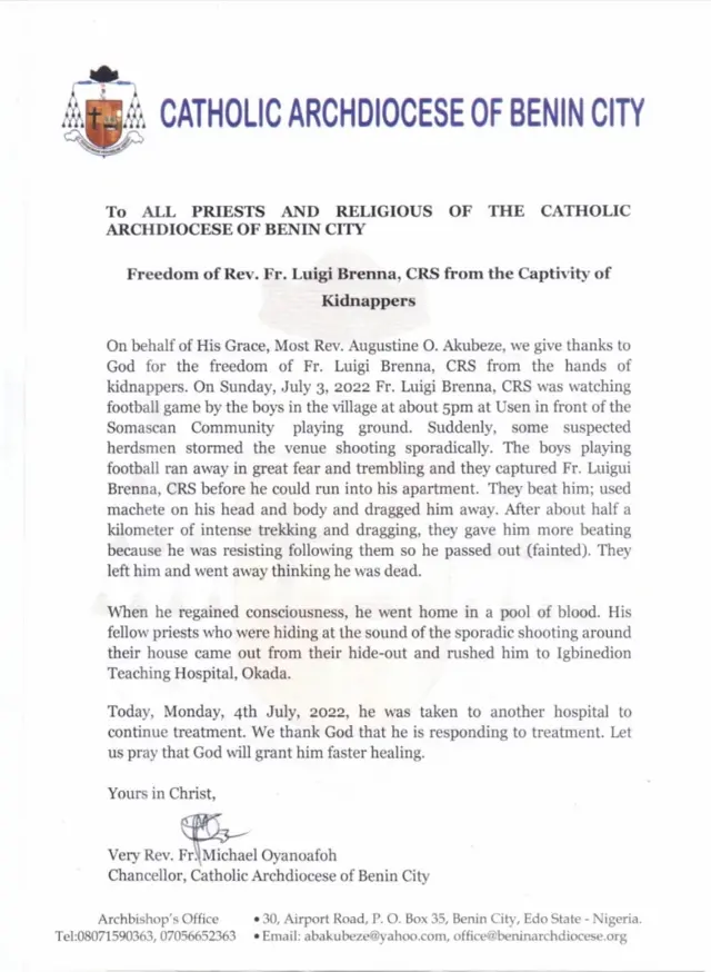 Rev Fr. Luigi Brenna kidnap: Catholic church disagree wit police on rescue of Italian priest for Edo