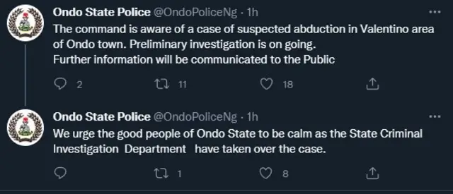 Aworan ọrọti ileeṣẹ ọlọpaa ipinlẹ Ondo fi soju opo twitter rẹ