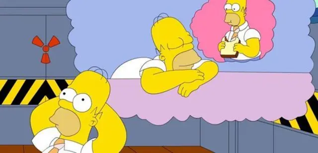 Homer Simpson sonhandoolhos abertos que está dormindo e sonhandocomer