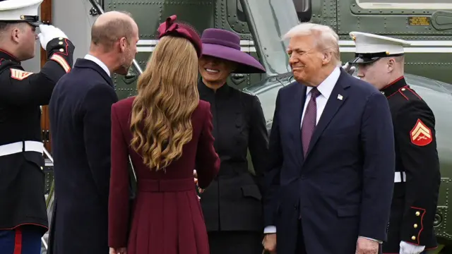US President Donald Trump and First Lady Melania Trump dey greeted by Britain Prince William, Prince of Wales and Britain Catherine, Princess of Wales, upon dia arrival for di grounds of Windsor Castle, for Windsor, on September 17, 2025, for di start of di second State visit. 