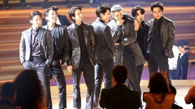 BTS performs onstage at the 64th Annual Grammy Awards held at the MGM Grand Garden Arena on April 3rd, 2022 in Las Vegas, Nevada.