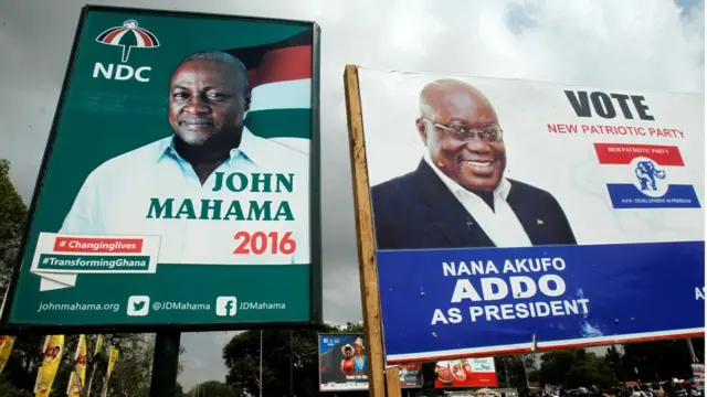 Campaign billboards show Ghana's President John Mahama and his election rival Nana Akufo-Addo