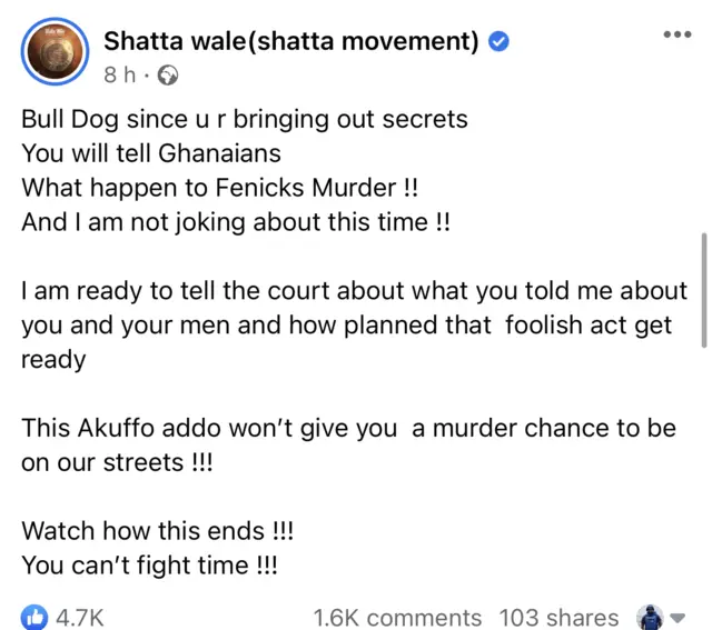 Shatta Wale post on cold case