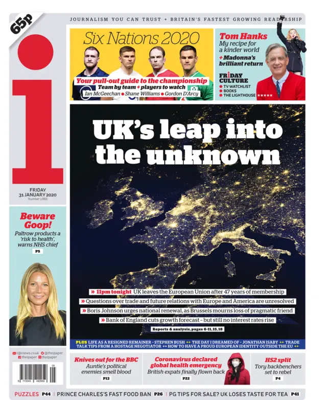 对英国《i》报来说，脱欧就仿佛是“投身跳进茫茫未知境地”。该报说，英国未来的外交和贸易问题仍然没有解决，而与此同时央行英格兰银行降低了经济增长预测。