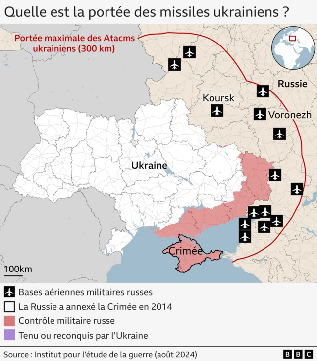Carte montrant la portée maximale des missiles Atacms tirés depuis l'Ukraine et les installations militaires russes situées à cette portée.
