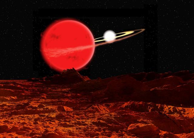 Ilustración de un sistema binario con una estrella enana blanca y una gigante roja.