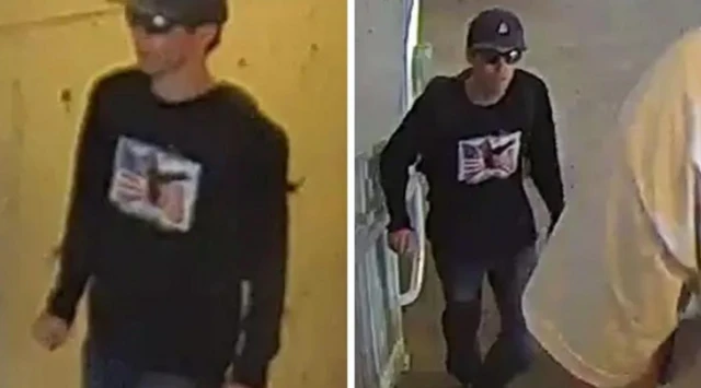 Imágenes de videos de seguridad distribuidos por el FBI en el que se ve a la "persona de interés" en relación al disparo que mató al activista conservador restadounidense Chalie Kirk, vestida de negro, con una visera y gafas de sol.