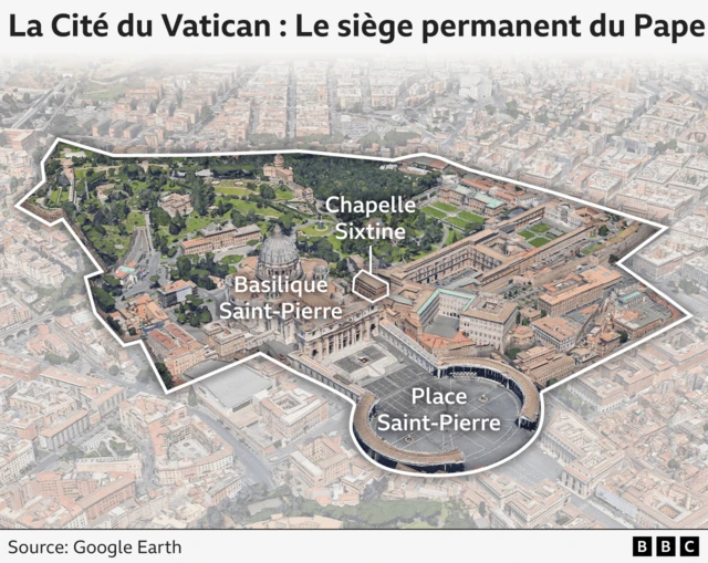 mage satellite de localisation montrant l'étendue du siège papal, la Cité du Vatican, à l'intérieur de Rome. Elle comprend la basilique Saint-Pierre, la place Saint-Pierre et la chapelle Sixtine, ainsi que des bâtiments résidentiels et administratifs.