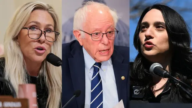 बाएं से रिपब्लिकन नेता मार्जरी टेलर ग्रीन, डेमोक्रेट सीनेटर बर्नी सैंडर्स और डेमोक्रेट सांसद यास्मीन अंसारी