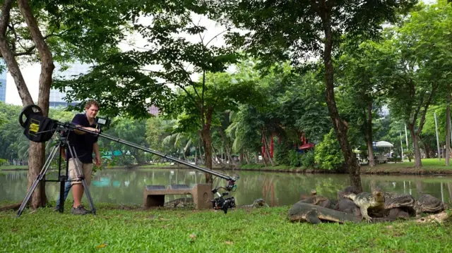 왕도마뱀을 촬영 중인 카메라맨