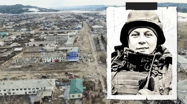 Коллаж: фото Александра Борисова на фоне его родного села Хоринск