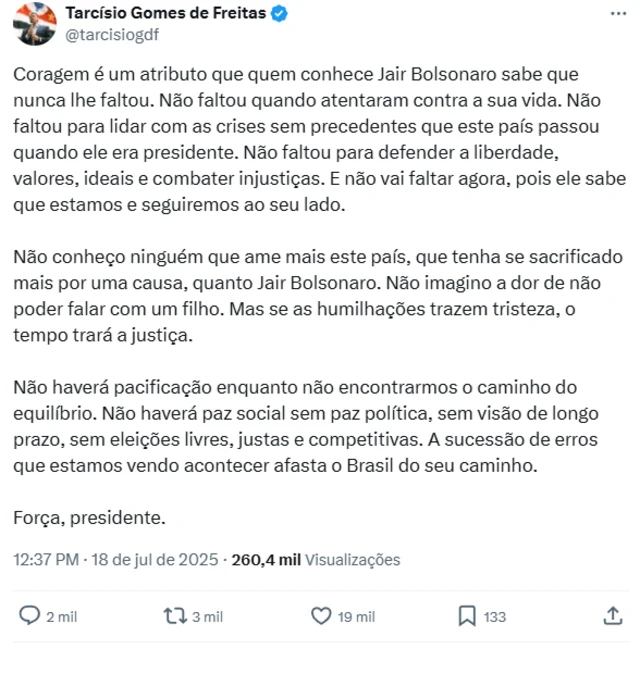 Captura de tela de postagem de Tarcisio de Freitas no X