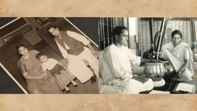 डावीकडे - भानुमती, मुकुल आणि कुमार गंधर्व. उजवीकडे - कुमार गंधर्व आणि वसुंधरा कोमकली