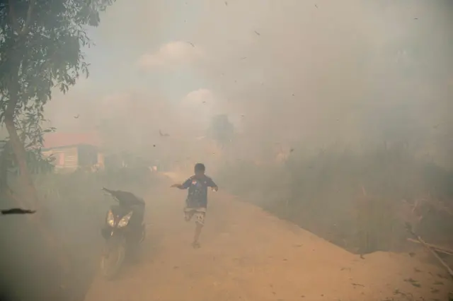 Warga berlari menghindari asap saat kebakaran lahan di dekat permukiman padat penduduk di Kemas Rindo, Kertapati, Palembang, Sumatera Selatan, Sabtu (8/8/2026). Kencangnya angin dan minimnya sumber air di lokasi kebakaran menyulitkan petugas dan warga memadamkan api. 