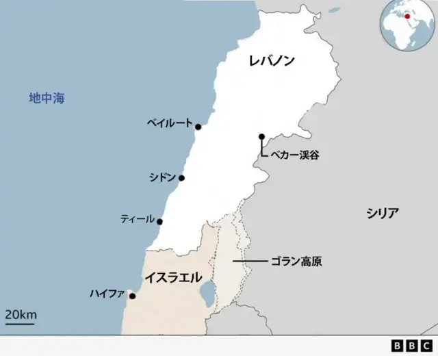 レバノンがイスラエルの北にある様子を示す地図
