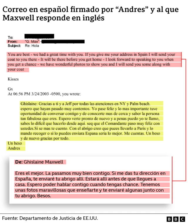 Correo en español firmado por "Andrés" y al que Maxwell responde en inglés