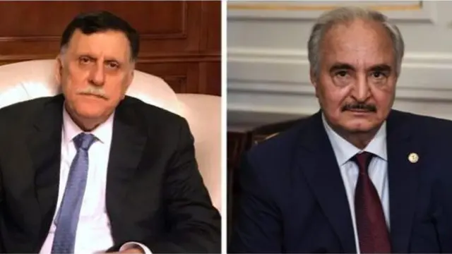 利比亞內戰中的交戰雙方領導人薩拉傑總理和哈夫塔爾將軍