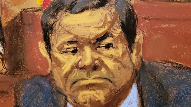 Dibujo de una audiencia durante el juicio contra "El Chapo" Guzmán.