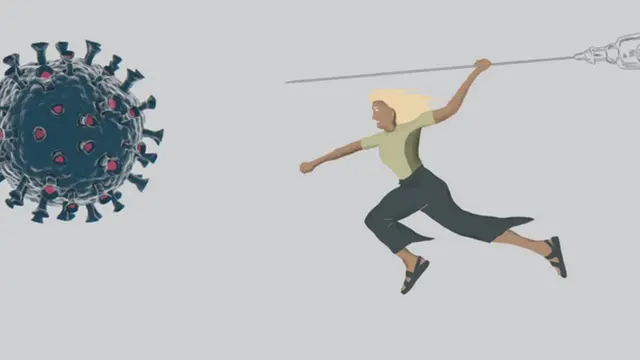 Ilustración de mujer atacando un virus con una aguja.