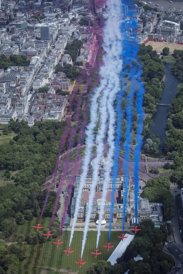 Royal Air Force Aerobatic Team (RAFAT) of RAF Scampton taking part in the flypast as it flies over the London skyline and down The Mall