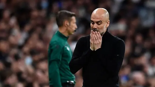 Pep Guardiola reacts during Man City's Champions League loss to Real Madrid