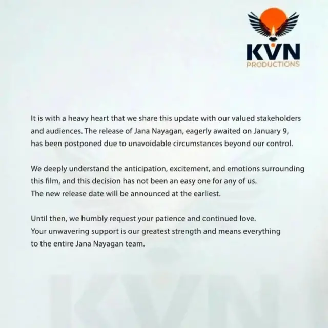 "එතෙක්, අපි ඔබට ඉවසීමෙන් පසුවන ලෙස සහ අඛණ්ඩ සහයෝගය ලබාදෙන ලෙස ඉල්ලා සිටිනවා. එය අපට සහ සමස්ත ජන නායගන් කණ්ඩායමට ලොකු දෙයක්." චිත්‍රපටය තිරගත කිරීම කල් දැමීමට හේතුව සම්බන්ධයෙන් චිත්‍රපට නිෂ්පාදකවරයා විසින් නිකුත් කර තිබු නිවේදනයේ සඳහන් වේ.