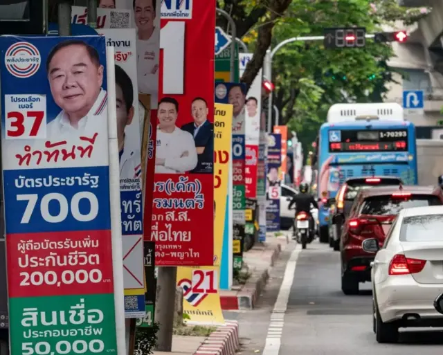 Election posters in Bangkok - the vote presents Thailand with a big choice about its future