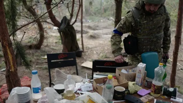 An abandoned Russian camp: the soldiers are said to have looted petrol stations