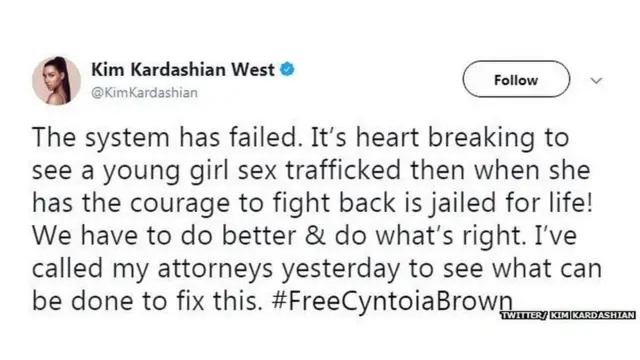 Kim Kardashian on top Cyntoia Brown mata