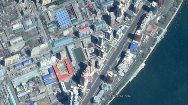 A satellite image showing Mirae Scientist Street, a housing project in downtown Pyongyang