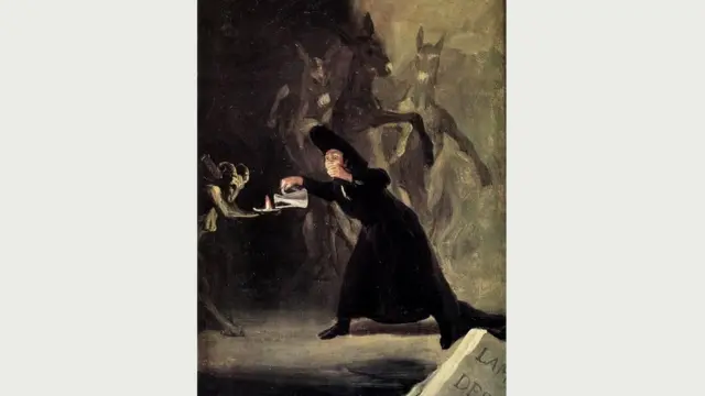 "Лампа дьявола" Гойи изображает человека, который считает, что заколдован и его жизнь теперь зависит от того, не погаснет ли лампа