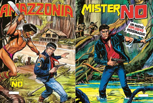 Gibis do Mister No mostram um homem armado e indígenas ao redor