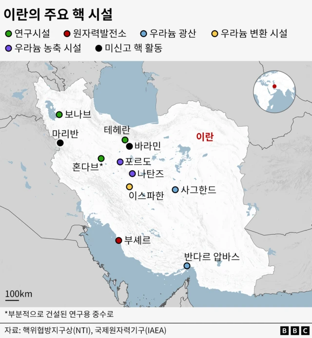 이란의 주요 핵 시설 위치를 나타낸 지도