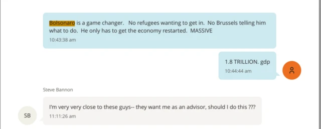 Mensagem de texto atribuída a Jeffrey Epstein e Steve Bannon