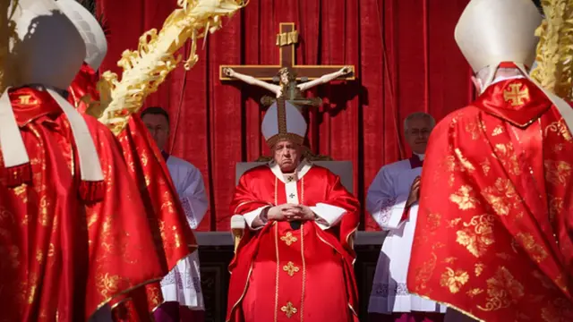 VATICAN CITY, VATICAN - APRIL 10: Pope Francis attends the Sunday Palm Mass at St. Peter's Square on April 10, 2022 in Vatican City, Vatican. Palm Sunday is a Christian moveable feast that falls on the Sunday before Easter, and marks the start of Holy Week. (Photo by Franco Origlia/Getty Images)