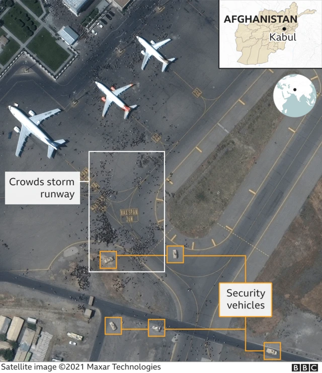 Satellite image showing crowds on the tarmac at Kabul airport