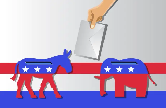 যুক্তরাষ্ট্র নির্বাচনের প্রধান দুই দল, ডেমোক্র্যাটদের প্রতীক গাধা এবং রিপাবলিকানদের প্রতীক হাতি