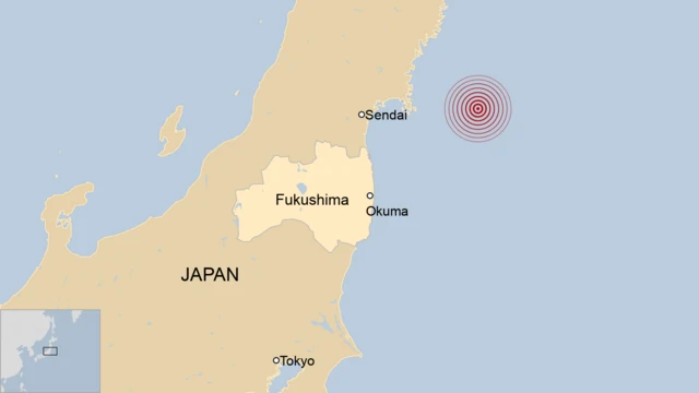 Carte montrant l'emplacement de la centrale nucléaire de Fukushima Daiichi par rapport au tremblement de terre de 2011 au Japon.