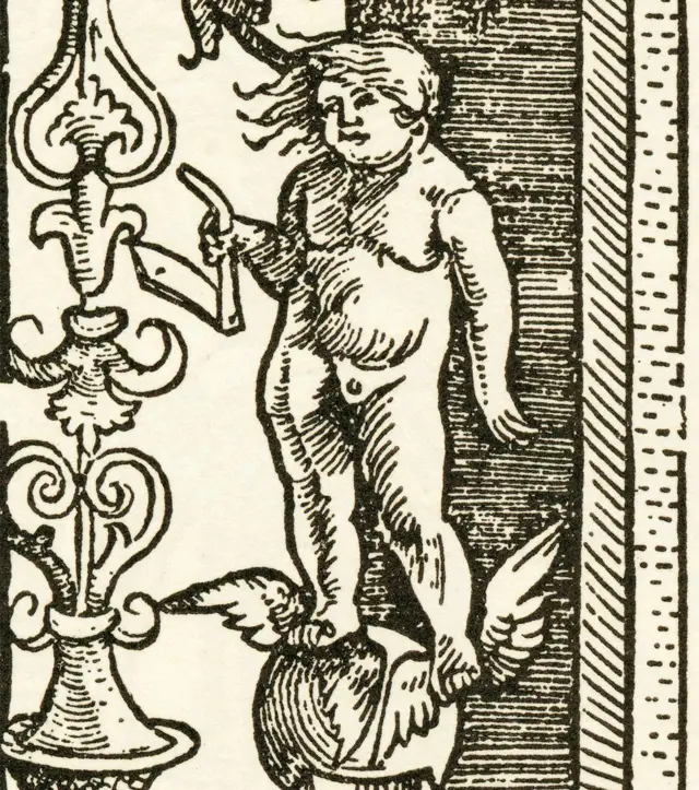 Kairós en la portada de "Humanitas", obra de Urs Graf, 1513. Grabado que lo muestra sobre un globo, con alas en los pies, sujetando una navaja, con el pelo volando hacia adelante y desnudo.