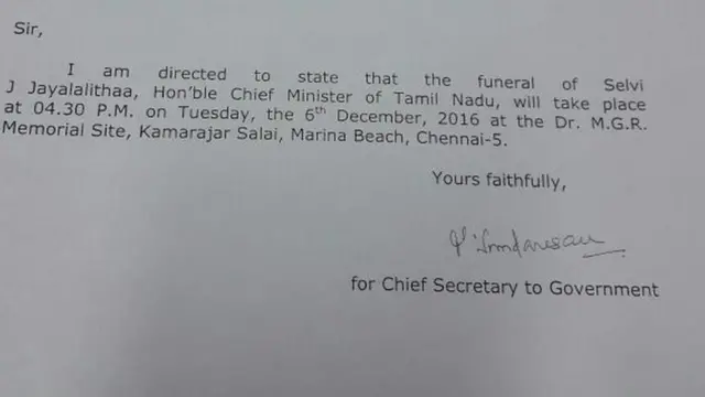 டிசம்பர் 6-ஆம் தேதியன்று (செவ்வாய்க்கிழமை) மாலை 4.30 மணியளவில் சென்னை மெரீனா கடற்கரையில் உள்ள எம்ஜிஆர் நினைவகத்தில் மறைந்த தமிழக முதலமைச்சர் ஜெயலலிதாவின் இறுதி சடங்கு முழு அரசு மரியாதையுடன் நடக்கவுள்ளது