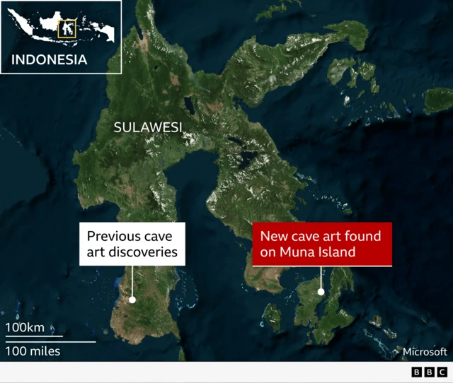 Oldest cave art discoveries in Sulawesi, Indonesia A satellite-style map shows the Indonesian island of Sulawesi and surrounding sea, viewed from above with green land and dark blue ocean. Inset at the top left is a small map of Indonesia with a yellow box highlighting Sulawesi’s location. Large white text labels the main island “Sulawesi.” Near the south‑west of Sulawesi, a white dot and white label read “Previous cave art discoveries.” To the south‑east, on a smaller adjoining landmass, a second white dot is connected to a bold red label that reads “New cave art found on Muna Island.” At the bottom left, a scale bar shows “100 km” above “100 miles.” 