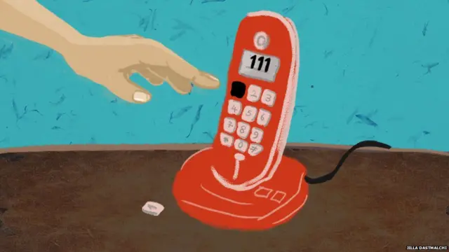 A hand beside a phone with the 111 number