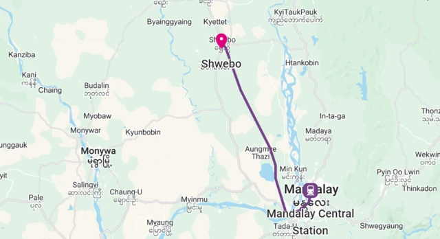 မန္တလေး-မြစ်ကြီးနား ရထားလမ်းဖြတ်မြေပုံ 