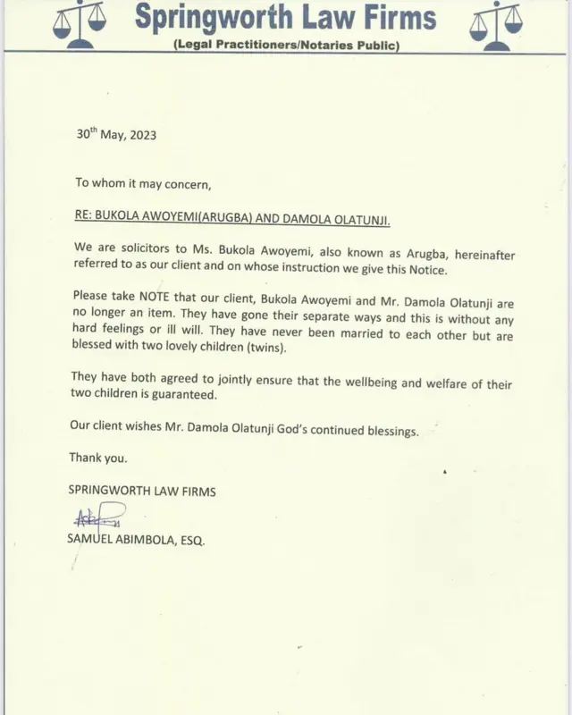 aworan lẹta ti awọn agbẹjọro Arugba kọ nipa ituka igbeyawo rẹ