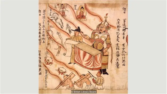 ภาพหนึ่งจากม้วนหนังสือ "ทศยมราชาสูตร" ที่พบในถ้ำของนครโบราณตุนหวง