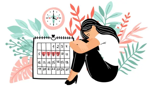 Ilustração mostra calendário e mulher encolhida pela dor da cólica