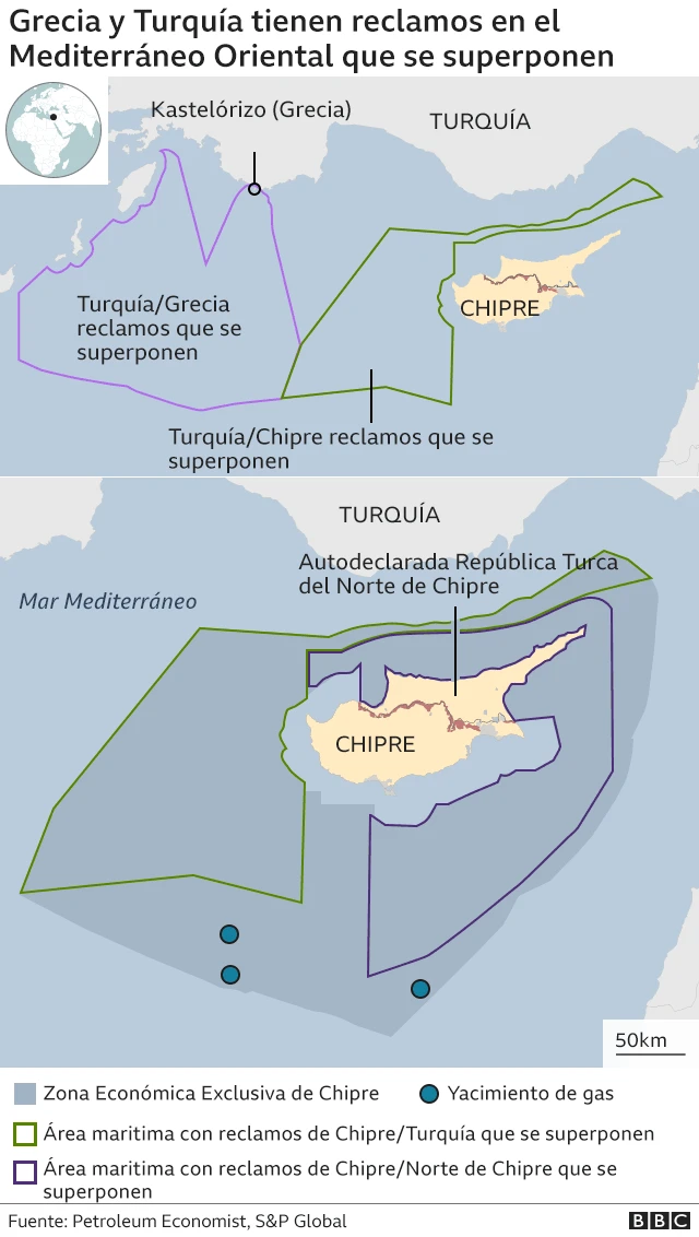 Mapa sobre reclamos de Grecia y Turquía en el Mediterráneo.